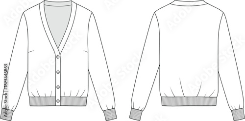 Flat technical drawing of buttoned V-neck cardigan with ribbed cuffs, waistband, long sleeves, front placket, and classic casual silhouette design