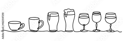 Continuous line drawing of teacup, mug, beer glasses, wine glasses. Minimalist black and white vector illustration of various drinks in one line art style. Bar, cafe, restaurant design element.