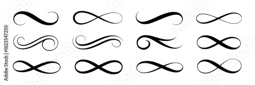 Calligraphic infinity symbols and flourishes. Vector collection of hand-drawn swirls, loops, elegant dividers and decorative ornaments drawn with brush pen. Black monochrome design elements on white b