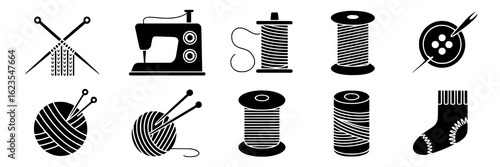 Sewing and knitting vector icon set. Black and white illustrations of sewing machine, yarn balls, knitting needles, spools of thread, needle and button, knitted sock. Design elements for crafting and 