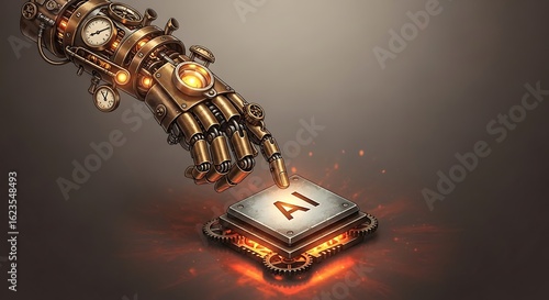 Steampunk robotic hand with gears interacting with antique AI chip