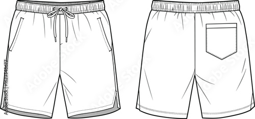 Technical flat sketch of men’s casual drawstring shorts with side and back pockets, fashion design template for apparel illustration

Keywords (15 one-word,