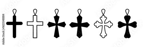 Set of eight simple black and white vector cross icons. Collection of Christian cross symbols with rounded, pointed, and ornate variations. Religious design elements for faith-based projects.
