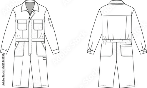 Technical flat sketch of long sleeve utility jumpsuit with front zipper, flap pockets, waistband, back view and detailed stitching