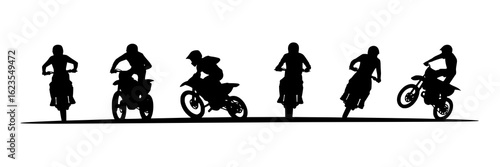 Six black silhouettes of motocross riders on motorcycles. Vector illustration collection featuring various motocross poses, monochrome riders, and bikes. Sport, racing, and extreme sports design eleme
