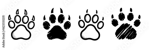 Set of four hand-drawn sketched animal paw print icons. Black and white vector illustration collection featuring line art, solid fill, and scribbled paw print designs. Wildlife, pet, and animal track 