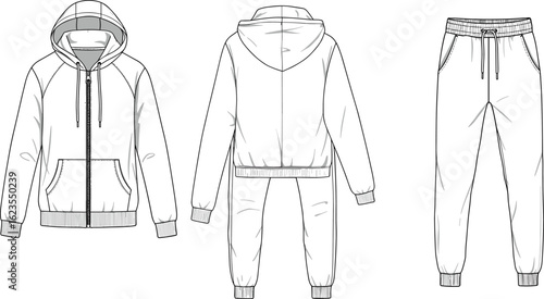 Technical flat sketch of unisex hoodie and jogger pants set, front and back view, fashion design template for apparel illustration