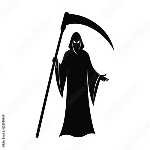 Grim reaper silhouette holding scythe with open hand