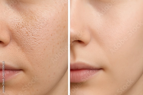 Before and after skincare transformation showing clearer complexion and reduced pores. concept of skincare effectiveness, facial treatment success, healthy skin improvement