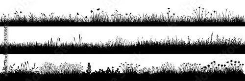 Six horizontal rows of black silhouettes of grass, flowers, and meadow plants. Vector illustration collection of monochrome meadow outlines, nature design elements isolated on white. Decorative floral