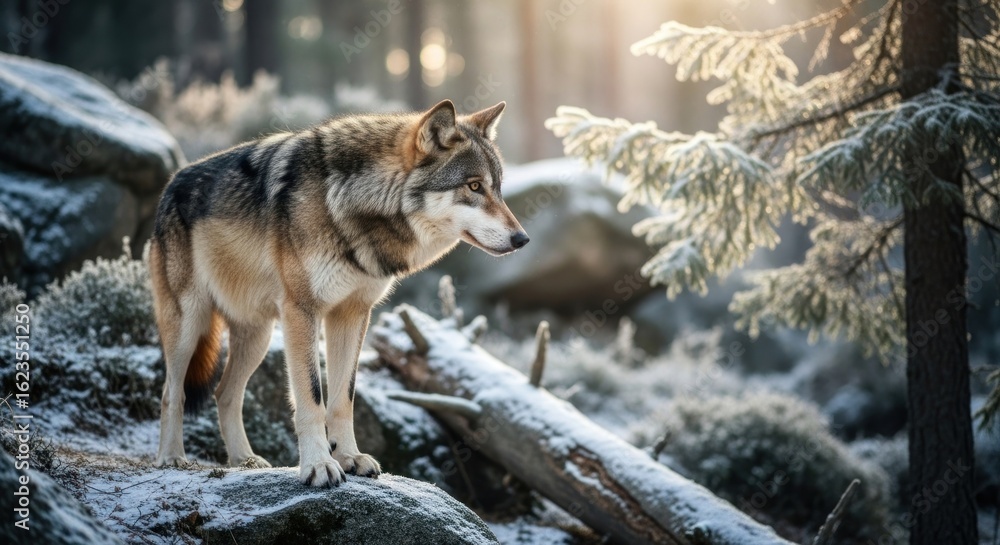 Fototapeta premium Frosted forest, wolf stands alert