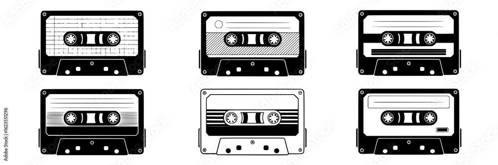 Fototapeta premium Set of six monochrome vector illustrations of audio cassettes. Vintage music, mixtapes, retro technology design elements. Black and white line art drawings of cassette tapes, organized collection.