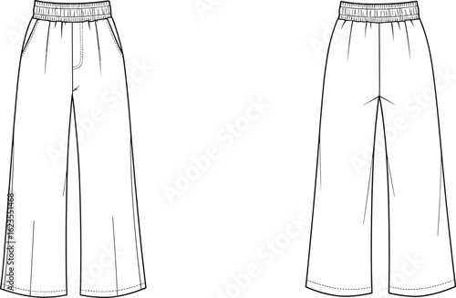 Wide leg pants fashion flat sketch, front and back view, technical drawing, elastic waist trousers template for apparel design