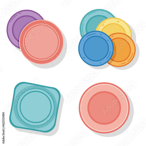 Set dining table place settings with plates forks and knives in four different pastel color combinations