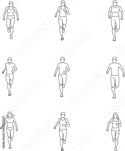 Running People Outline Vector Set, Jogging Athlete Silhouette Collection