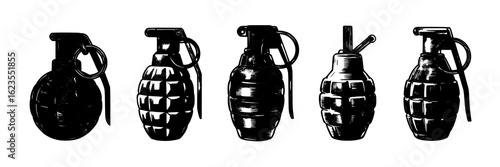 Monochrome vintage illustration set of five hand grenades. Detailed ink drawing, etching style. Military, weapon, explosive device, security, danger, conflict, war, combat, army, soldier, terrorism, a