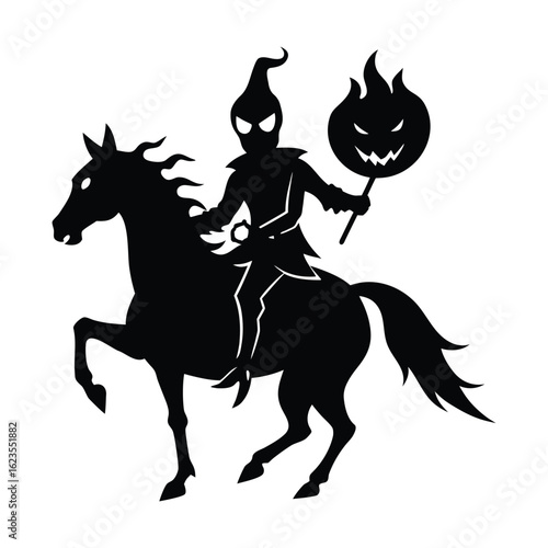 Silhouette of a headless horseman riding a horse holding a jack o lantern