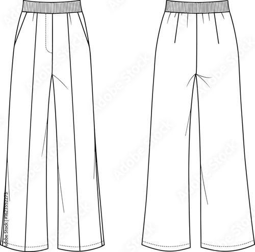Women’s wide leg pants technical flat sketch, front and back view, fashion apparel illustration for loungewear, casualwear, and clothing design