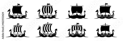 Set of eight black silhouette icons of Viking longboats with dragon figureheads, shields, sails, and oars. Monochrome vector illustration collection for history, mythology, or nautical designs.