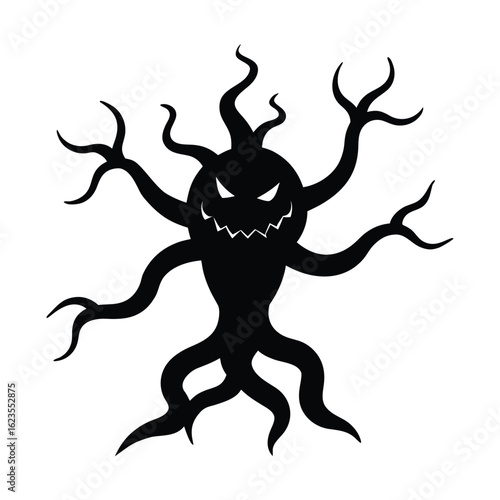 Scary black silhouette monster with tentacles and sharp teeth