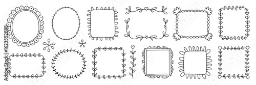 Hand-drawn doodle frame collection with hearts, leaves, scallops, dots, and geometric shapes. Black ink sketch illustrations of decorative borders and frames on a white background. Design set for scra