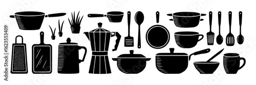 Kitchenware icon collection: pots, pans, utensils, mugs, coffee maker, grater, cutting board, plants. Black and white vector illustration set for cooking, culinary designs.
