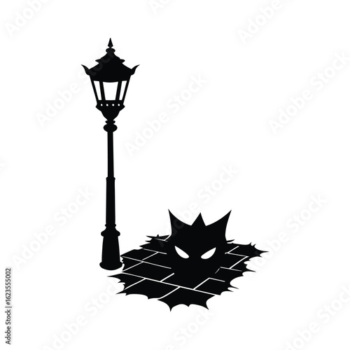 Silhouette of a spooky creature with glowing eyes emerging from cracked pavement under a lamppost