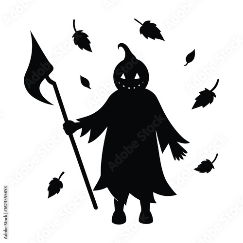 Scary pumpkin man silhouette holding a scythe with falling leaves