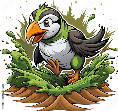 Angry green bird with orange beak and brown wings standing in green foliage cartoon