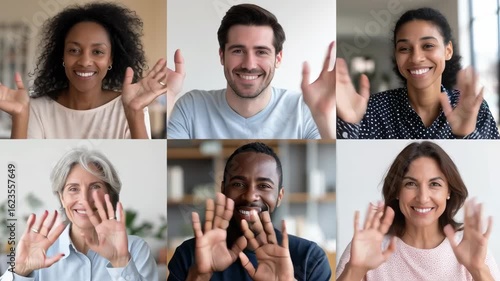 Diverse people waving during online video conference