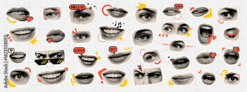 Abstract collage vector with multiple eyes and lips showing various emotions and reactions, social media concept.