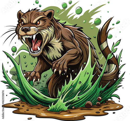 Fierce brown otter emerging from green reeds animal wildlife