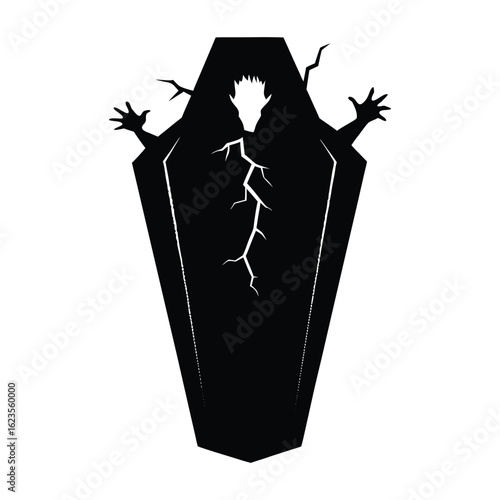 Scary zombie emerging from a cracked coffin with outstretched hands