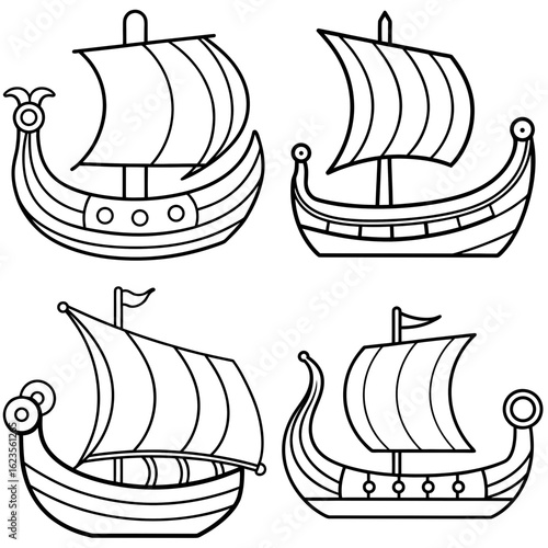 Viking Ship Coloring Page - Outline Vector Illustration for Kids and Adults