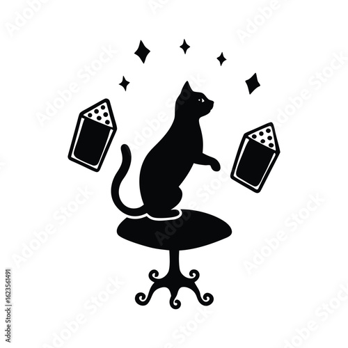 Black cat performing a magic trick with dice on a stool
