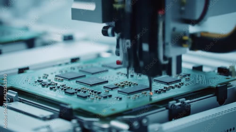 Automated Precision Robotic Arm Assembling Complex Circuit Board with HighTech Precision. Automated Precision Robotic Arm Assembling Complex Circuit Board with HighTech Precision.
