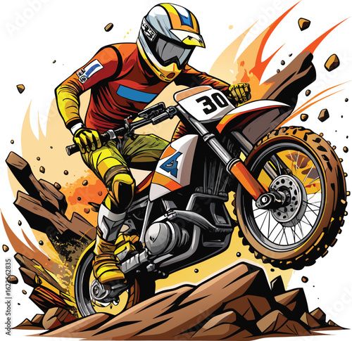 Motocross rider in orange and yellow gear on a dirt track motorcycle dirt bike