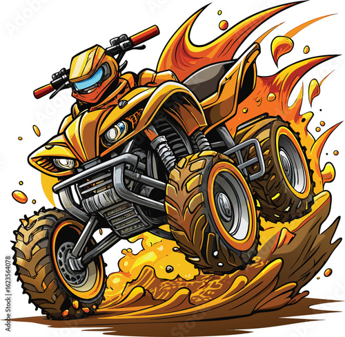 Orange quad bike rider with flames and dirt helmet goggles