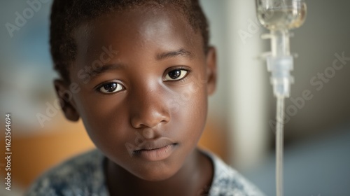 National Sickle Cell Awareness Month. Portrait of an African child in hospital undergoing sickle cell treatment, IV drip, concerned expression
