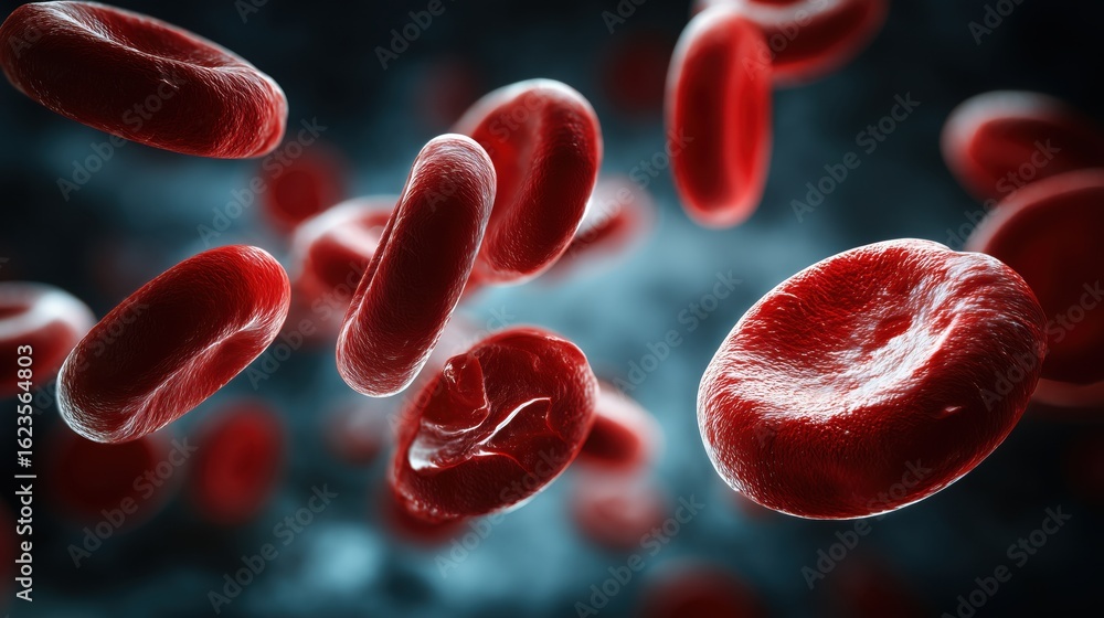 Fototapeta premium National Sickle Cell Awareness Month. microscopic view of sickle-shaped red blood cells floating in plasma, medical laboratory photography style