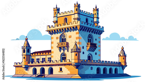 Belem Tower rises with elegance in Belem District, Lisbon, Portugal. Against a pure white background, its detailed stonework and historic turrets reflect Europe’s maritime legacy and timeless architec