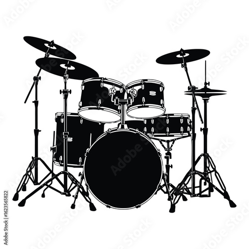Detailed black and white illustration of a complete drum set great for graphic design or music themed projects providing a strong visual impact