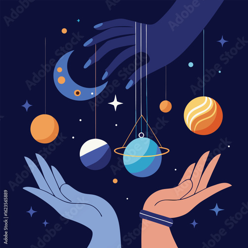 Celestial harmony an artistic composition of cosmic elements and human hands in a dreamy abstract style
