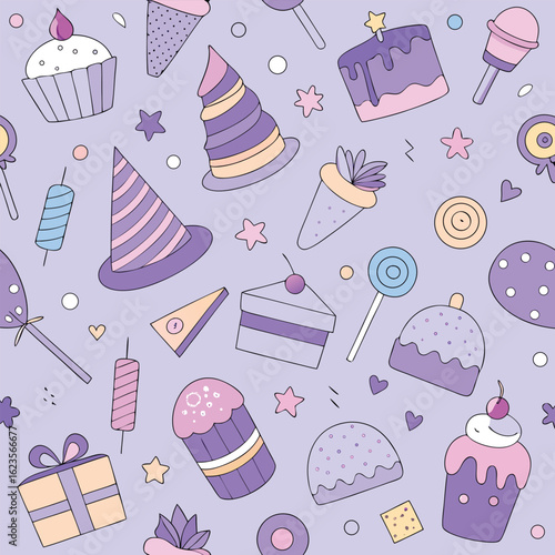 Delightful seamless birthday party pattern featuring cakes cupcakes lollipops party hats stars hearts and gift boxes