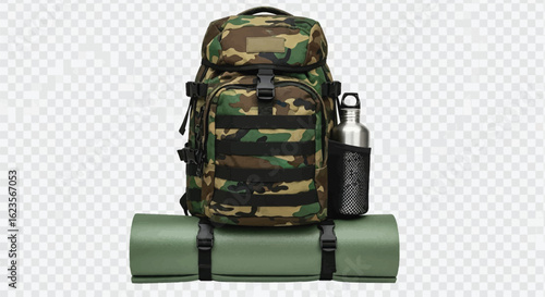 Camouflage backpack with water bottle and sleeping mat for outdoor adventures, camping, and hiking expeditions