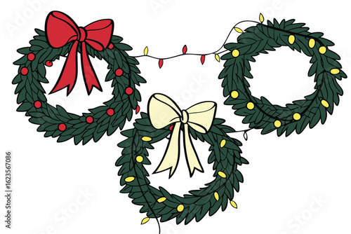 Festive christmas wreath vector illustration with decorated garland and ribbons offering a holiday seasonal touch