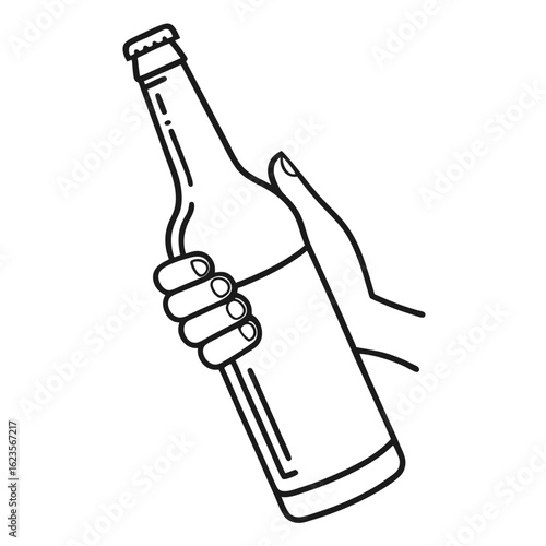 Hand holding beer bottle simple black and white line art illustration for beverage and drinks related projects