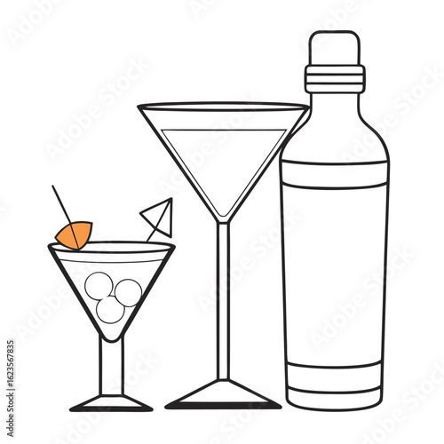 Martini cocktail drinks illustration black and white outline of a shaker and two cocktail glasses for bars restaurants and celebratory events