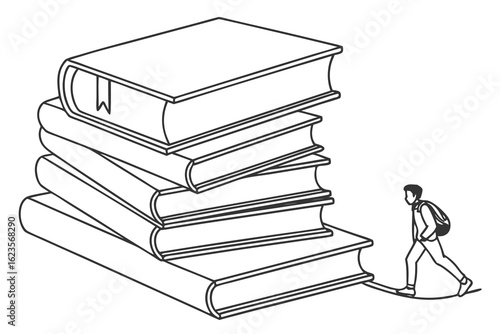 Student walking on a tightrope tied to a stack of books symbolizing education or knowledge