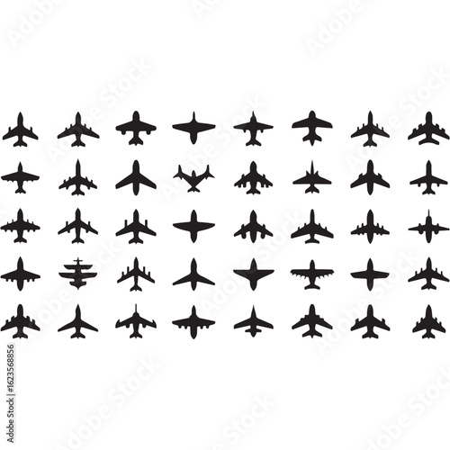 Black silhouettes of birds flying in formation against a white background, like a military jet airshow